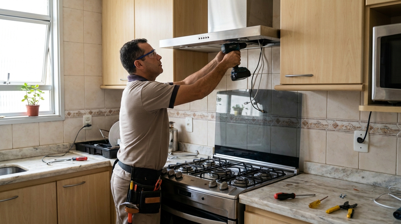 Eletricista instalando coifa em Campinas‑SP
